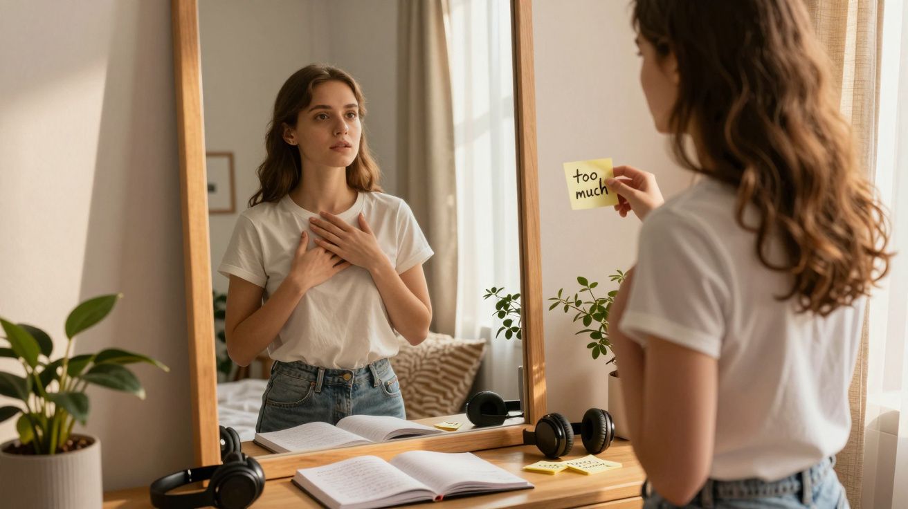 Mulher jovem de pé à frente de um espelho, com mãos no peito e nota "too much" colada no vidro.