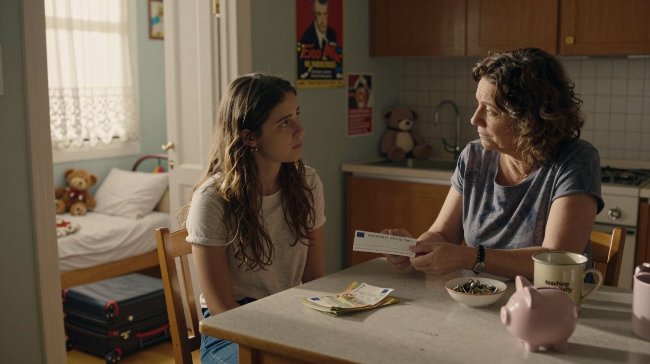 Duas mulheres conversam à mesa de cozinha com documentos e moedas à sua frente.