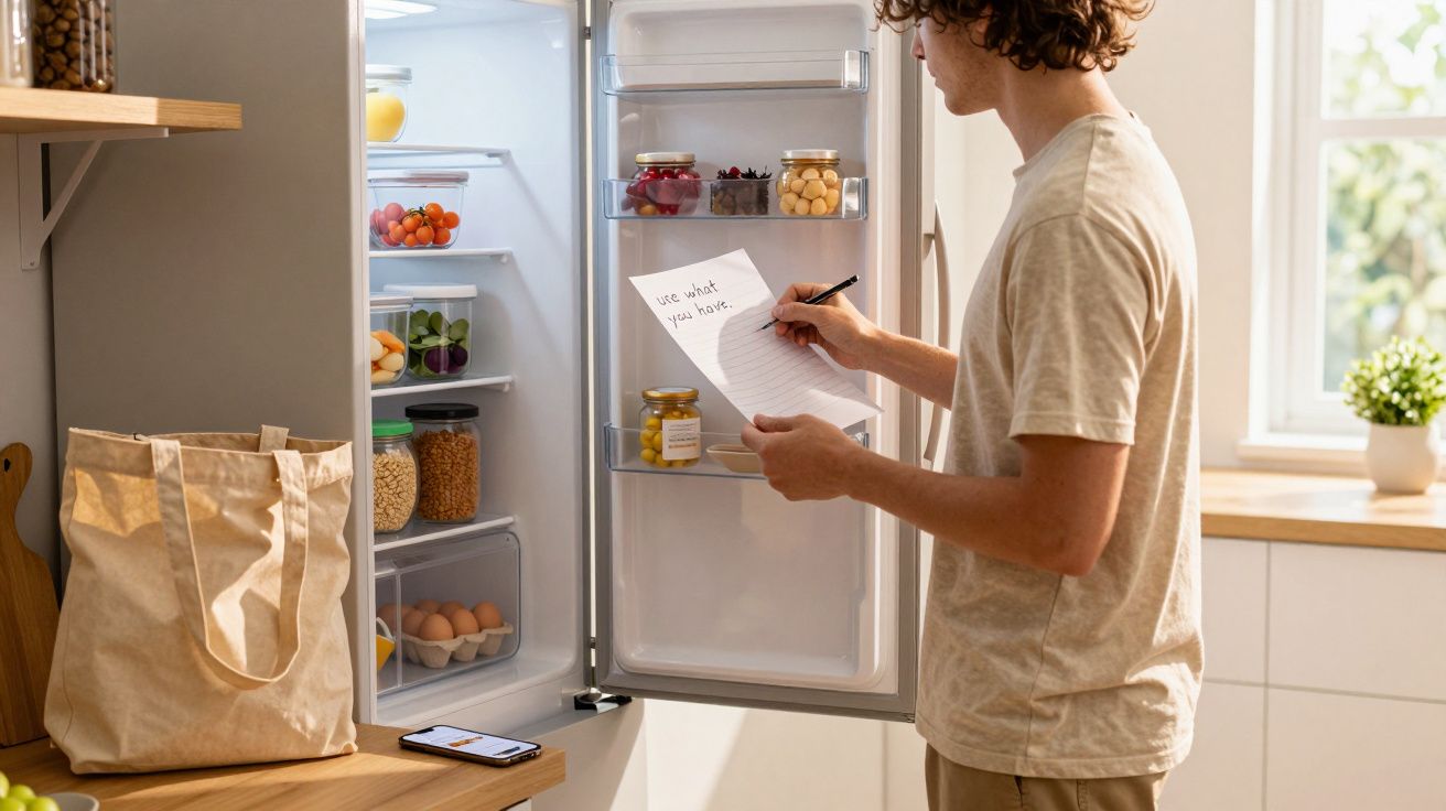 Homem a fazer lista de compras junto ao frigorífico aberto com alimentos organizados numa cozinha iluminada.