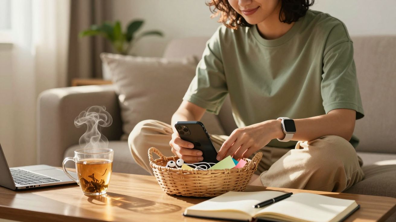 Mulher sentada no sofá a usar telemóvel, com chá, caderno e laptop numa mesa de madeira.