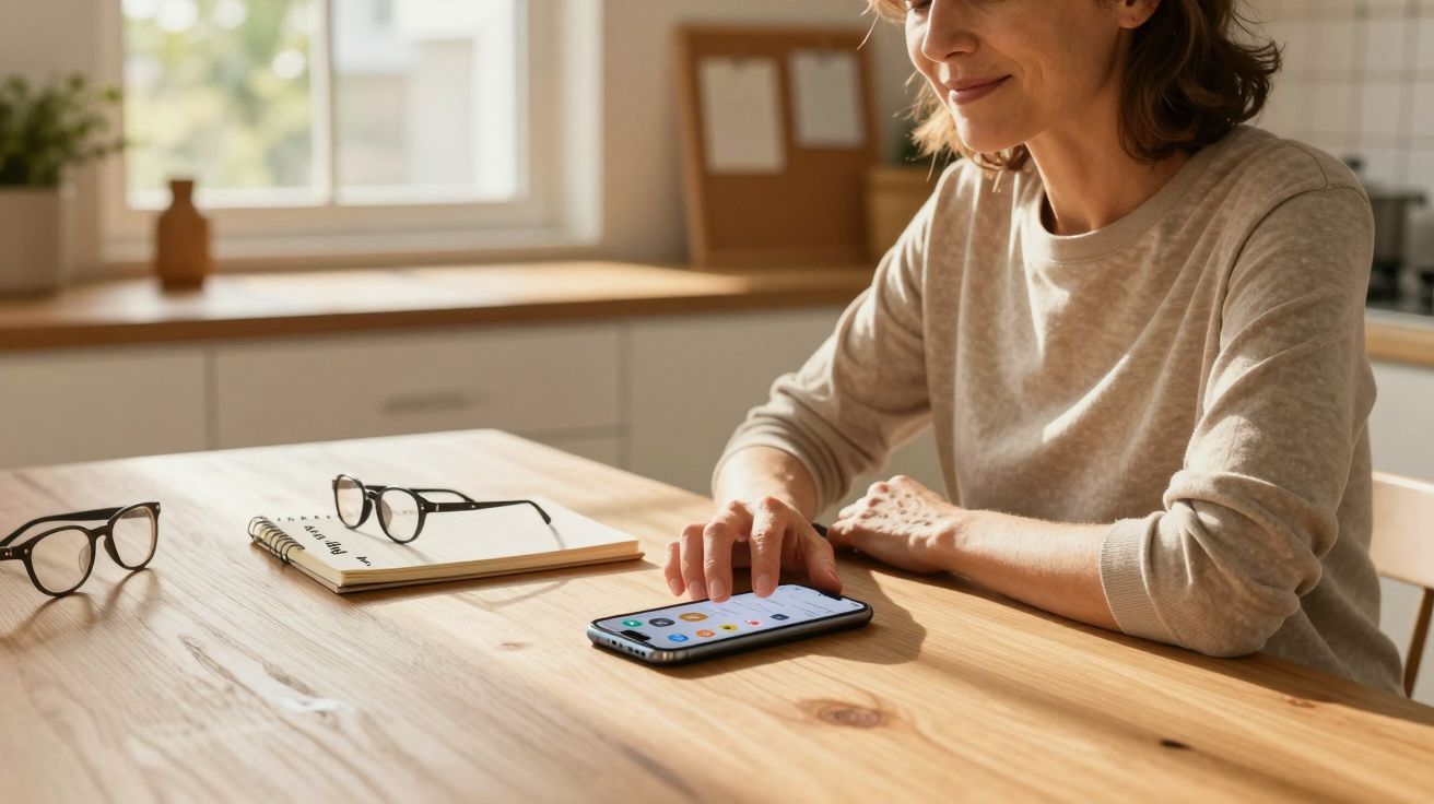 Mulher sorridente sentada à mesa, a usar o telemóvel com um caderno e óculos à sua frente.