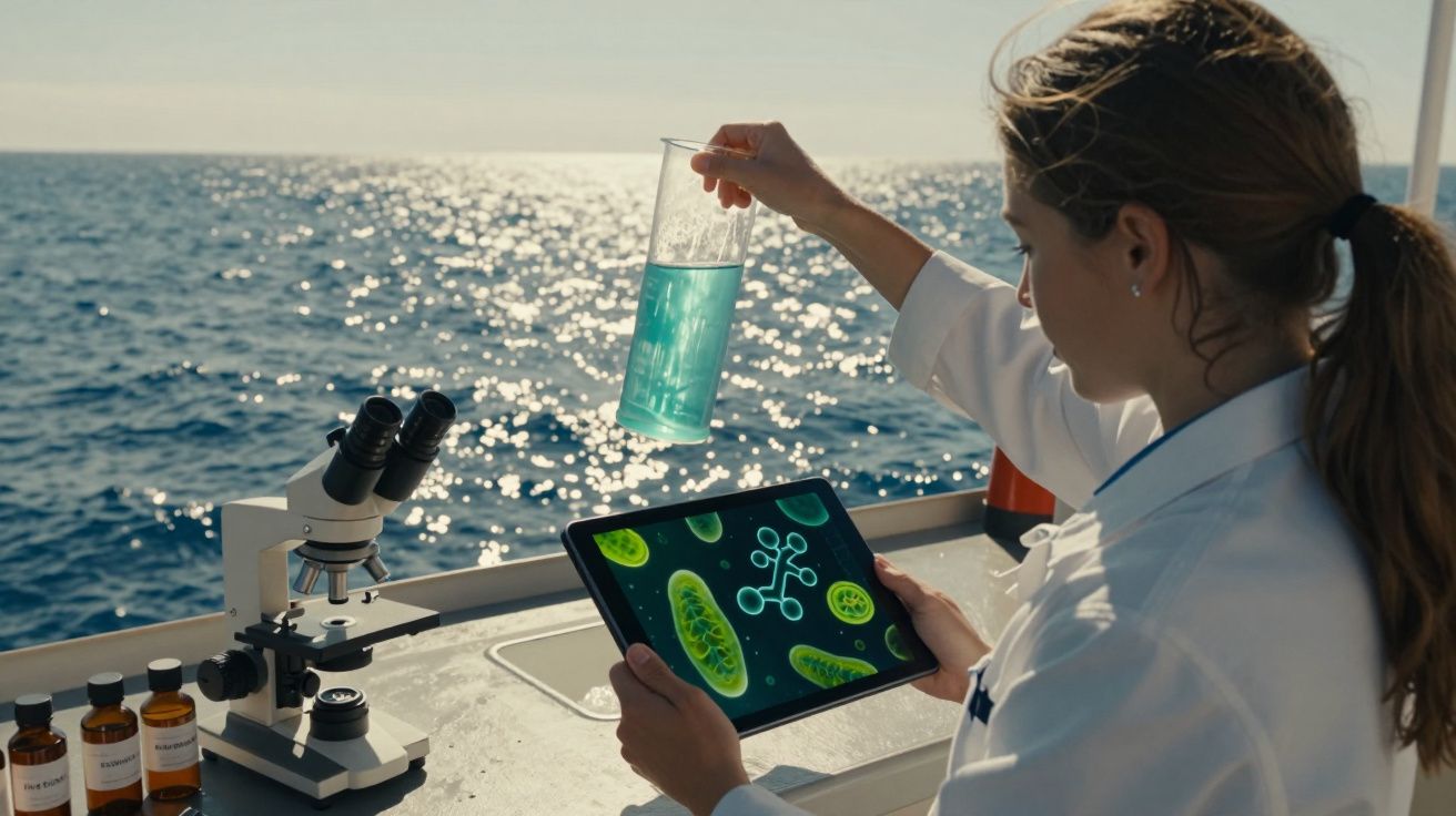 Cientista analisa amostra de água do mar com tablet e microscópio num barco sob luz solar.
