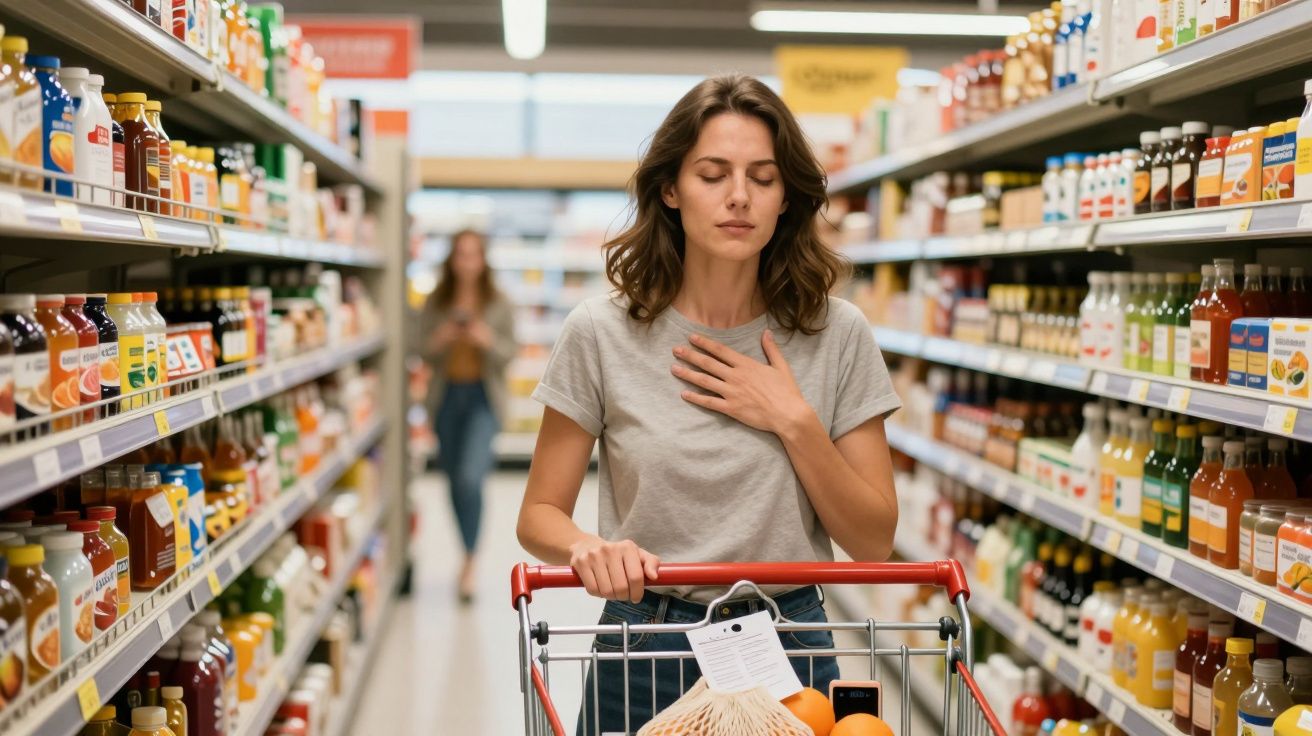 Mulher com mão no peito a respirar fundo no corredor de supermercado cheio de bebidas nas prateleiras.