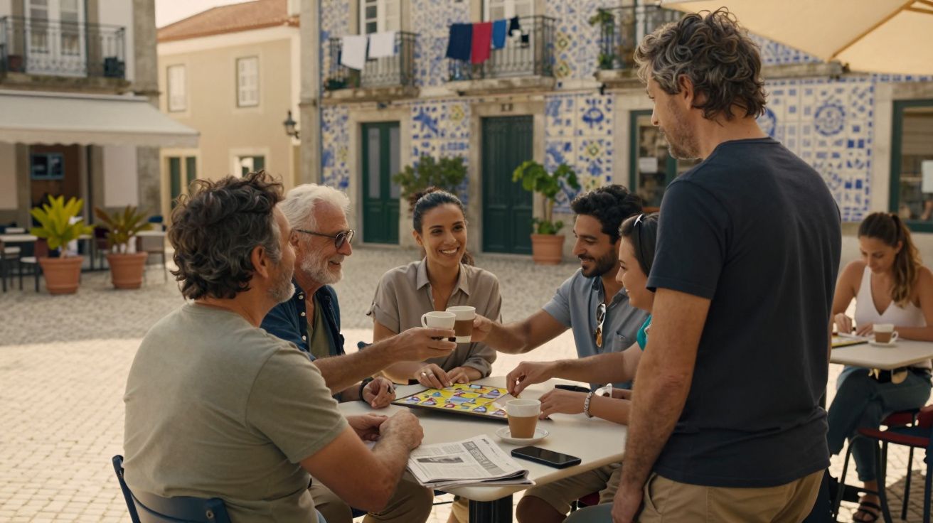 Grupo de amigos a jogar e brindar numa esplanada em rua típica com azulejos portugueses.