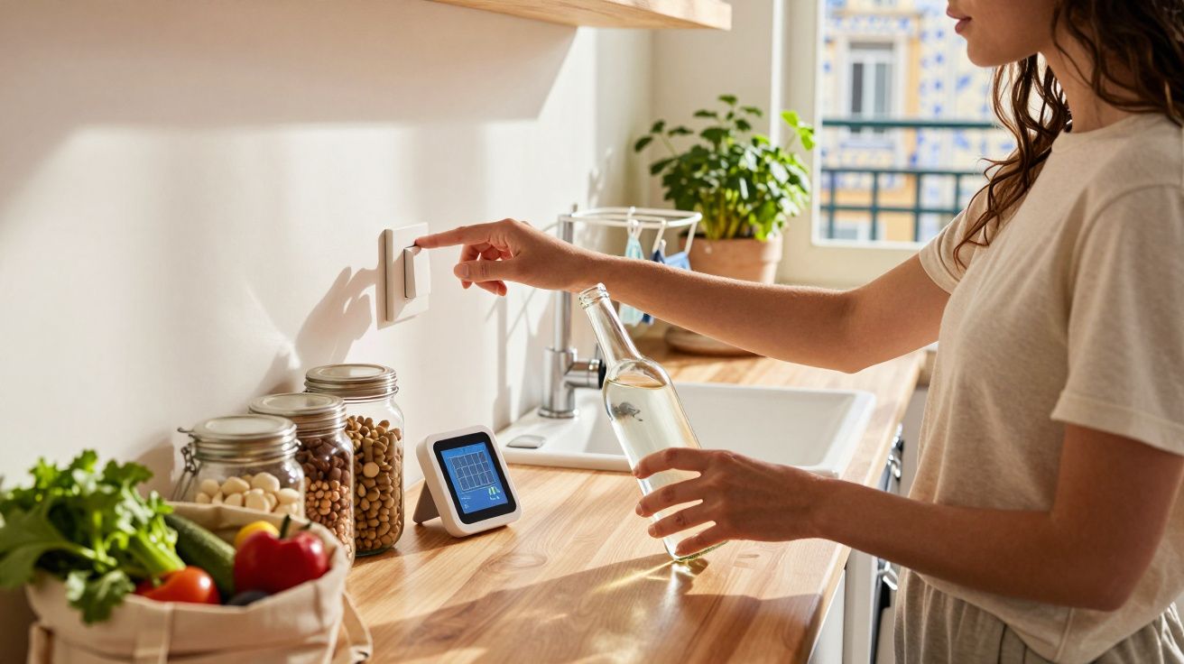 Mulher a desligar interruptor na cozinha, com frascos de armazenamento, legumes e dispositivo digital na bancada.