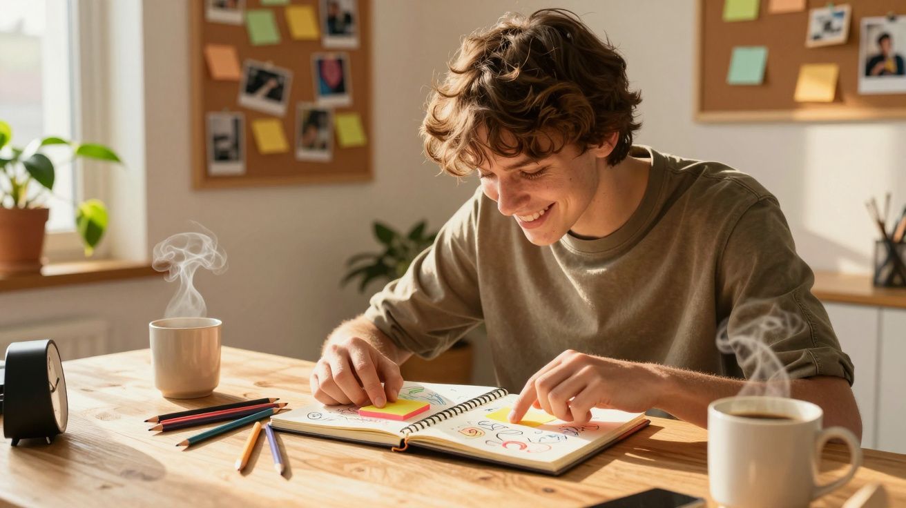 Jovem sentado à mesa a sorrir enquanto escreve num caderno rodeado de lápis de cor e chá quente.