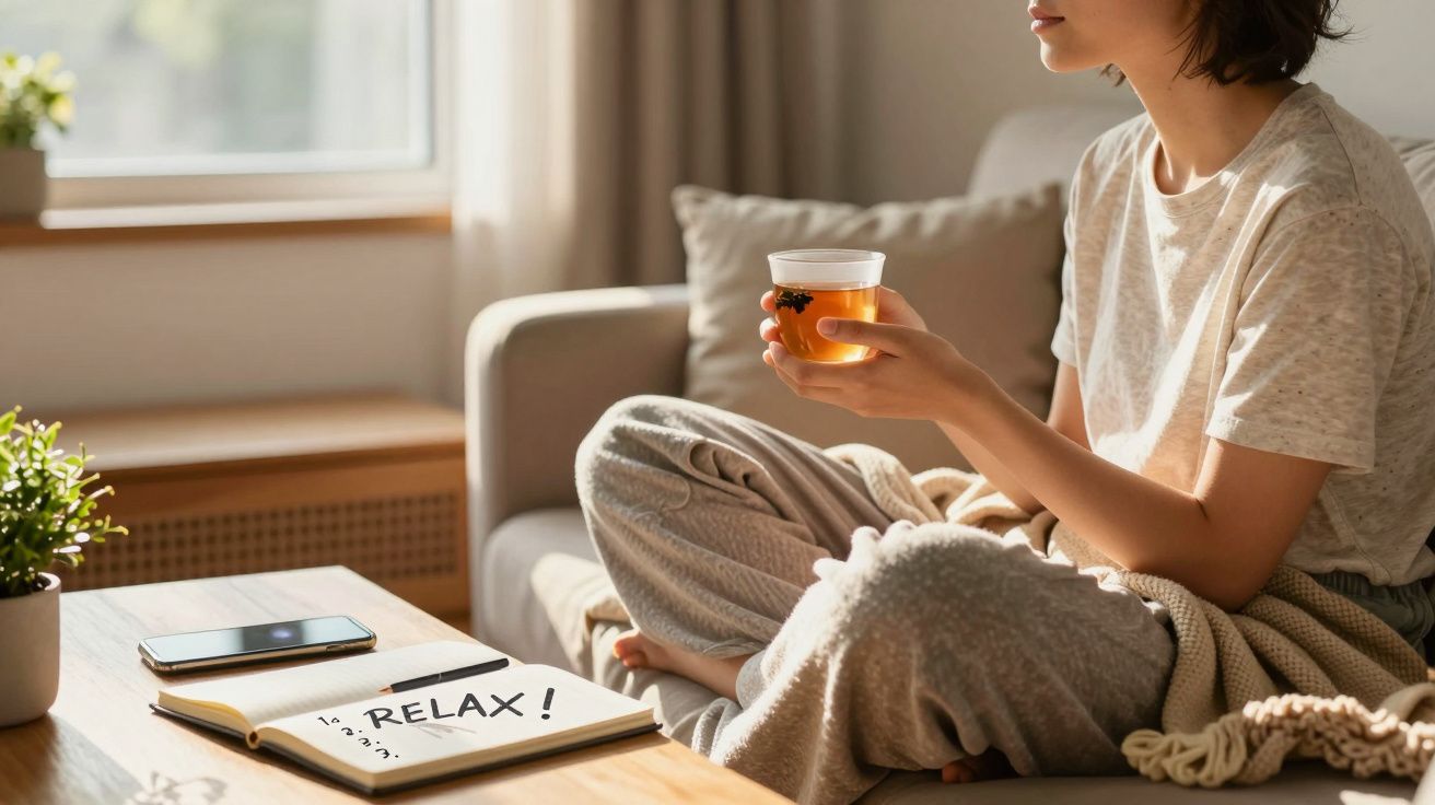 Pessoa sentada no sofá com chá na mão, livro aberto com a palavra "RELAX!" numa sala iluminada.