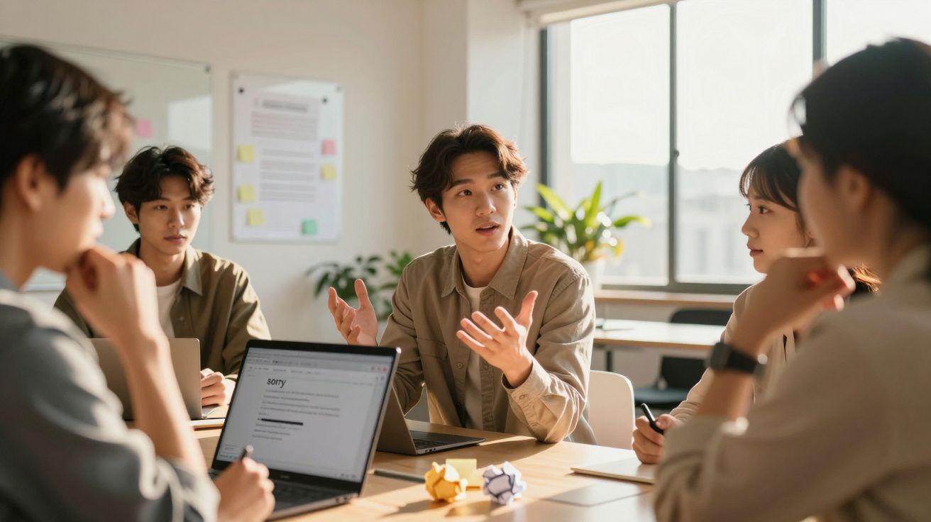 Grupo de jovens reunidos numa discussão com computadores numa sala iluminada pela luz natural.