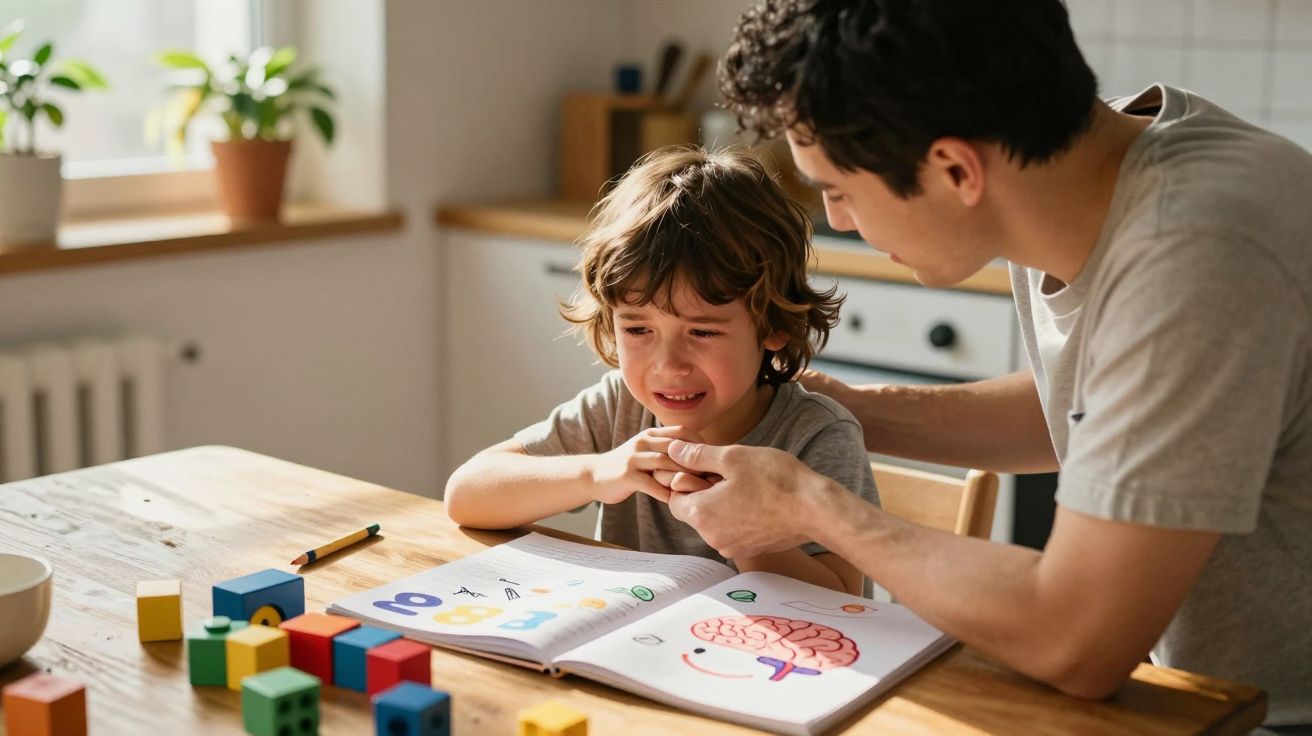 Criança triste a estudar com um adulto que a consola num ambiente doméstico iluminado.