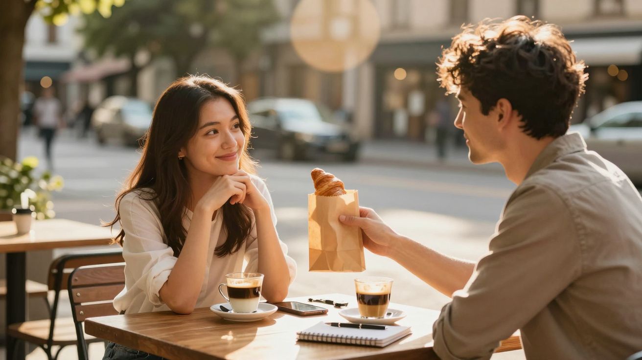 Casal jovem sentado numa esplanada, com cafés e croissant, desfrutando de um momento ao ar livre.