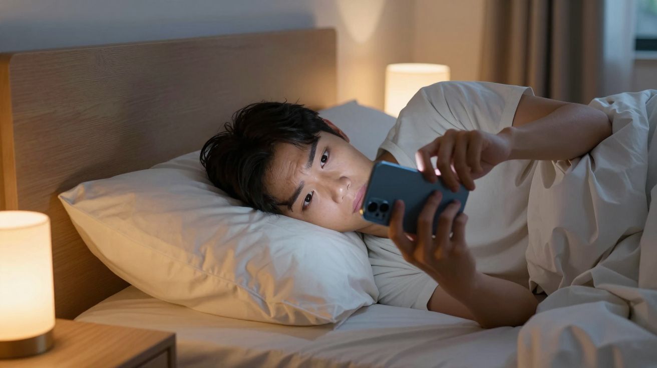 Homem deitado na cama a olhar para o telemóvel num quarto iluminado de noite.