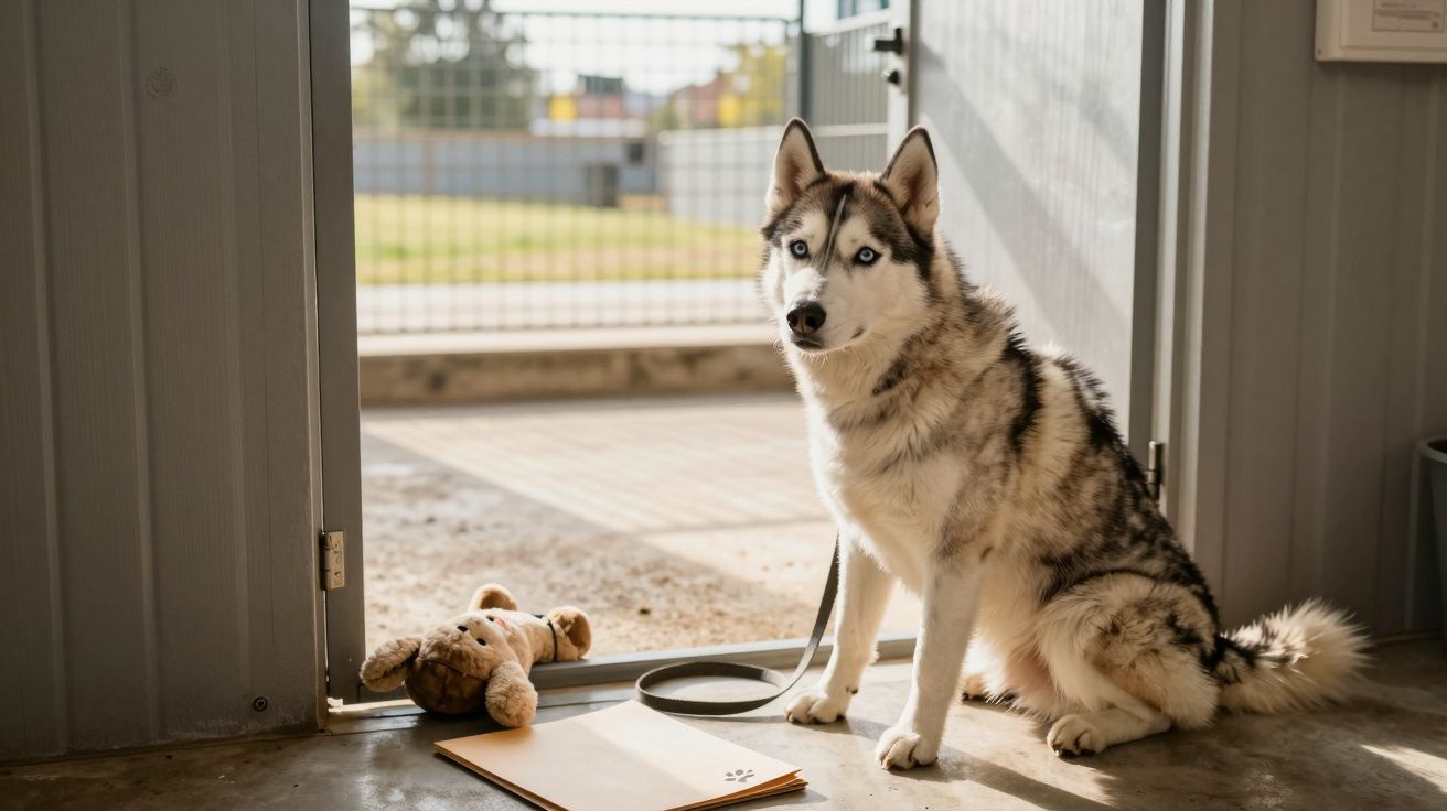 Cão husky sentado junto a uma porta aberta com brinquedo e dossiê no chão, com jardim ao fundo.