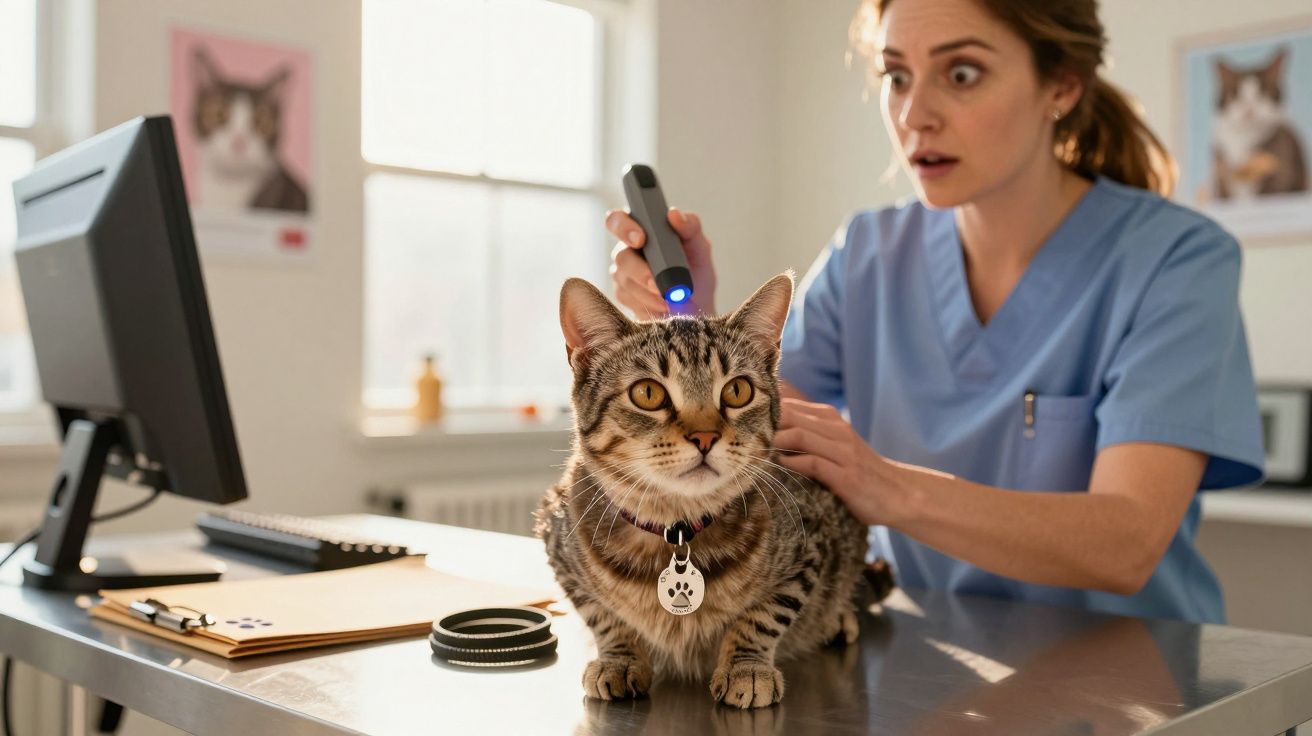 Veterinária a examinar um gato tigrado num consultório com expression de surpresa.