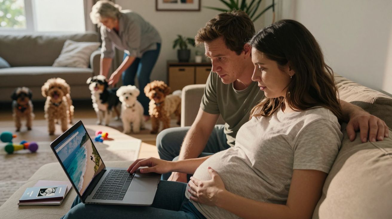 Casal grávido sentado no sofá a olhar para um computador portátil, com cinco cães e uma mulher ao fundo.