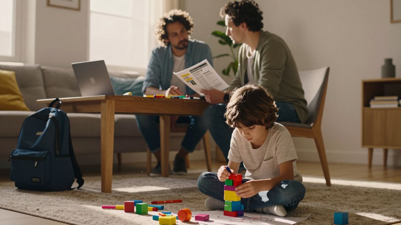 Criança a brincar com blocos de construção no chão enquanto dois adultos conversam sentados numa sala iluminada.