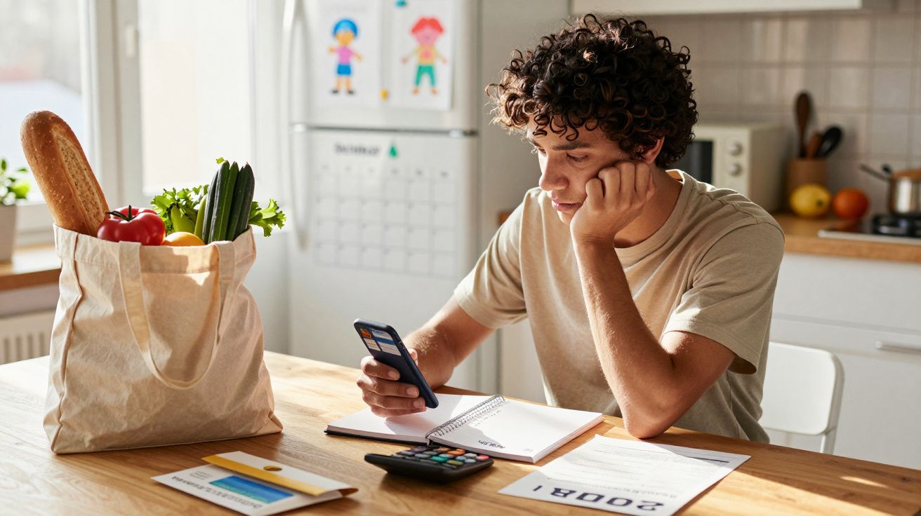 Jovem a calcular despesas com ajuda do telemóvel, contas e sacola de compras na cozinha.