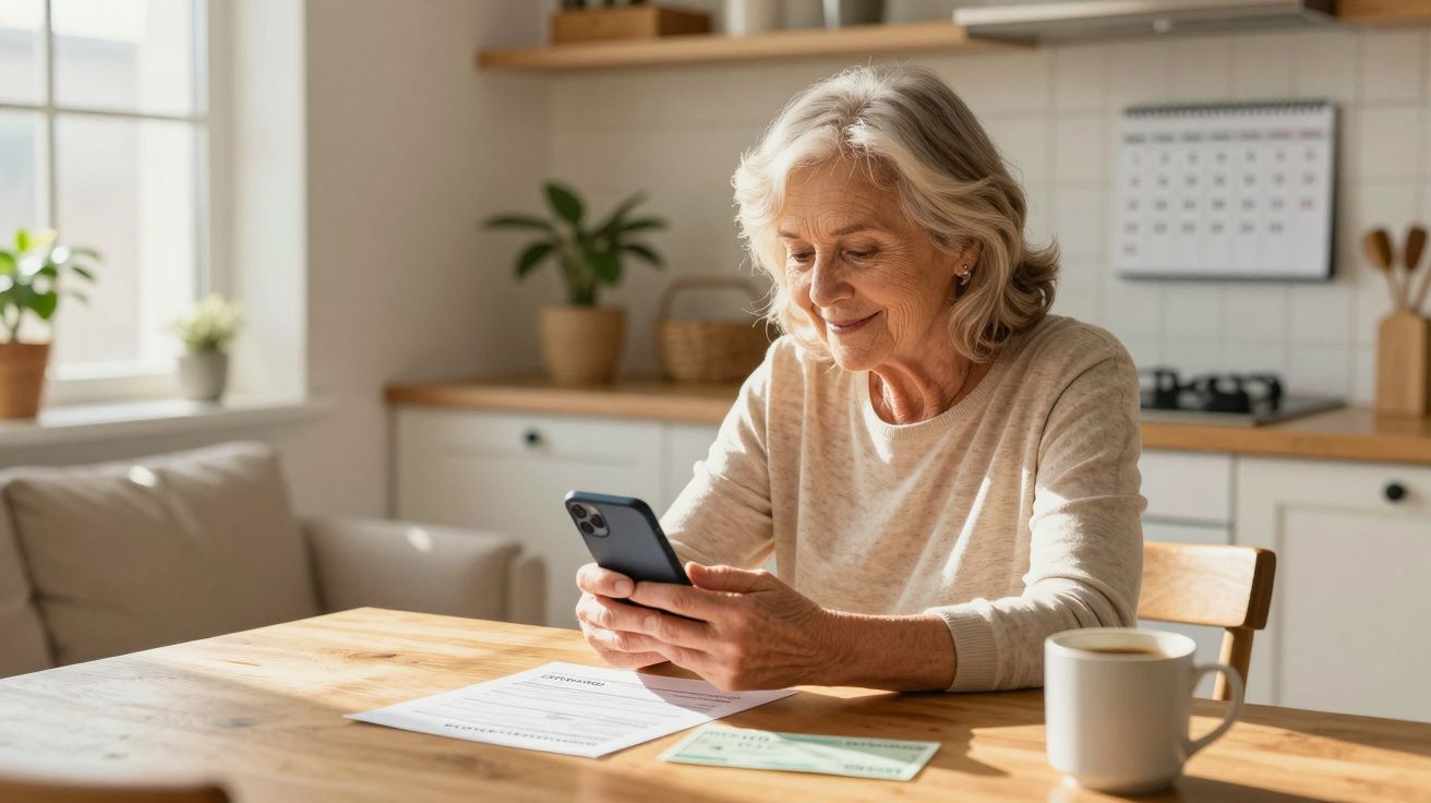 Mulher idosa sorridente a usar telemóvel sentada à mesa com documentos e chávena numa cozinha iluminada.