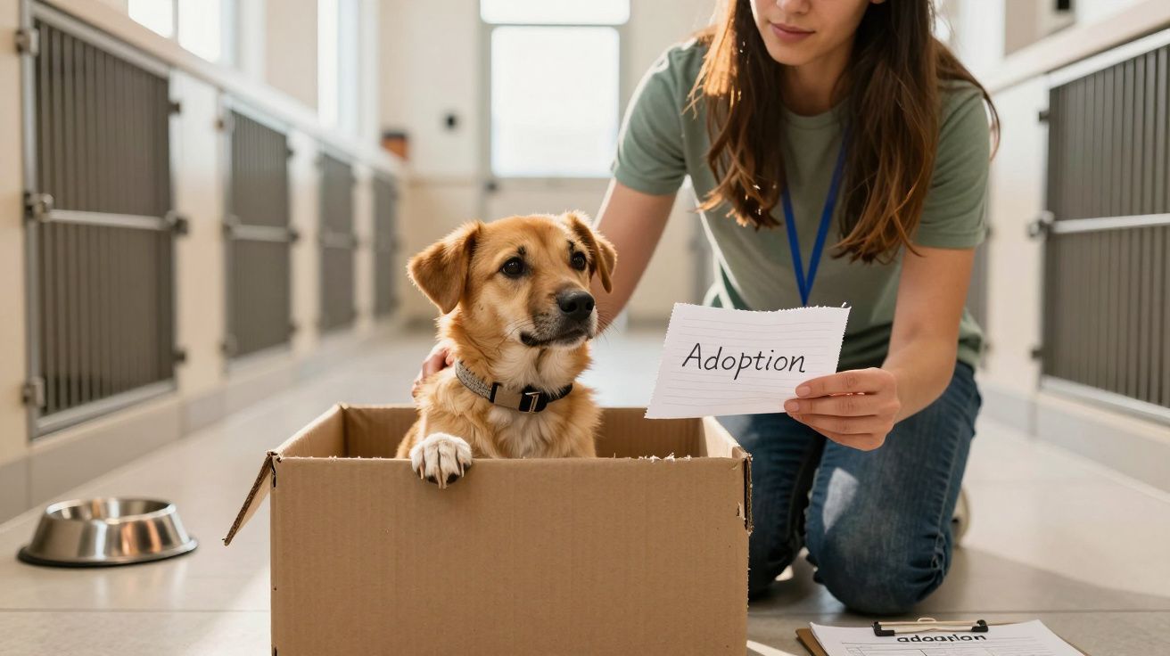 Cão dentro de caixa de cartão com mulher segurando papel com palavra "Adoption" num abrigo de animais.