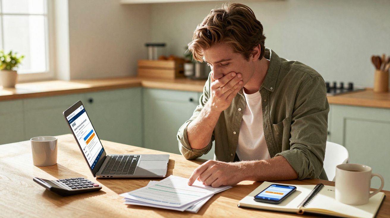Homem preocupado a olhar para documentos e a usar um computador portátil e telemóvel numa cozinha moderna.