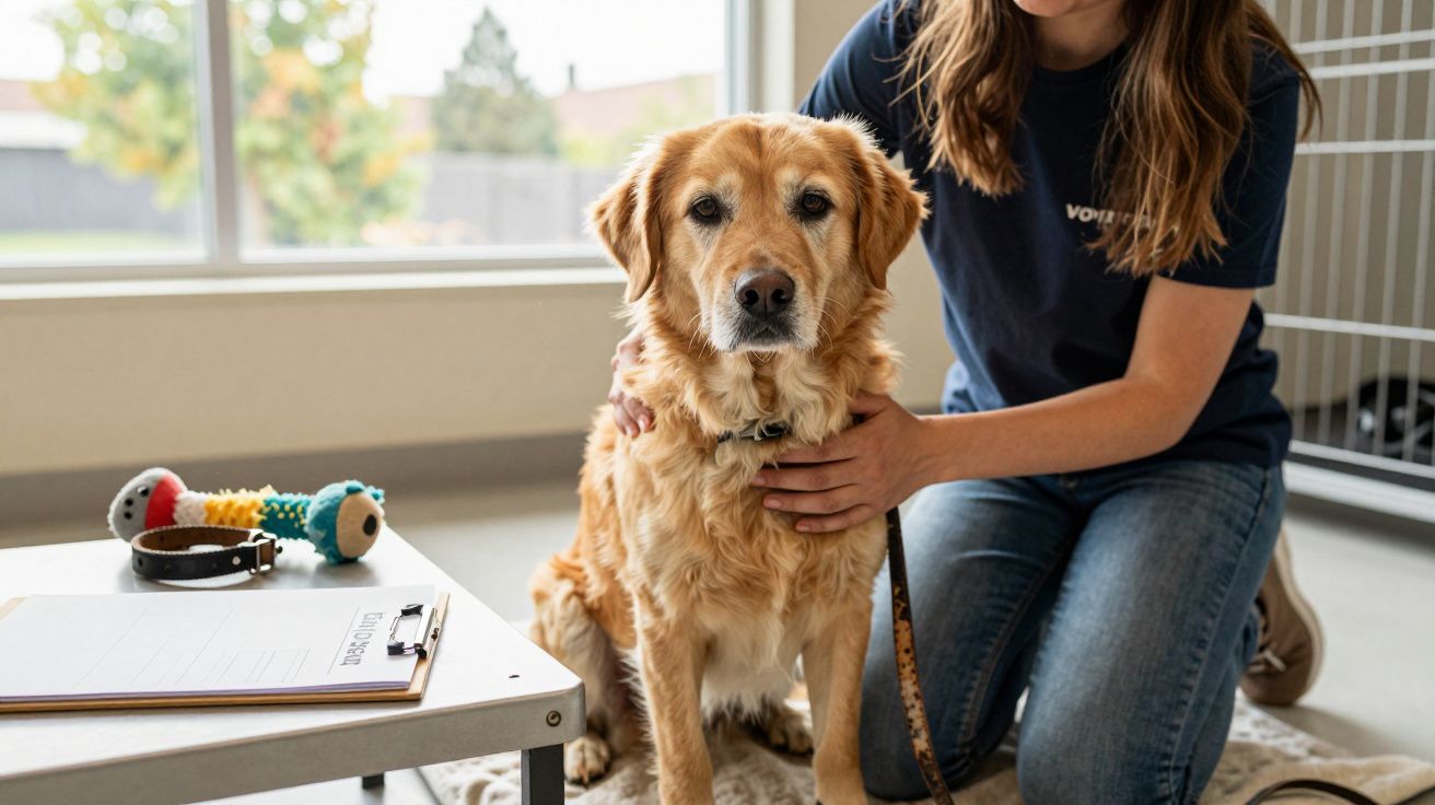 Cão dourado sentado ao lado de pessoa que o segura gentilmente, com brinquedos e coleira numa sala iluminada.