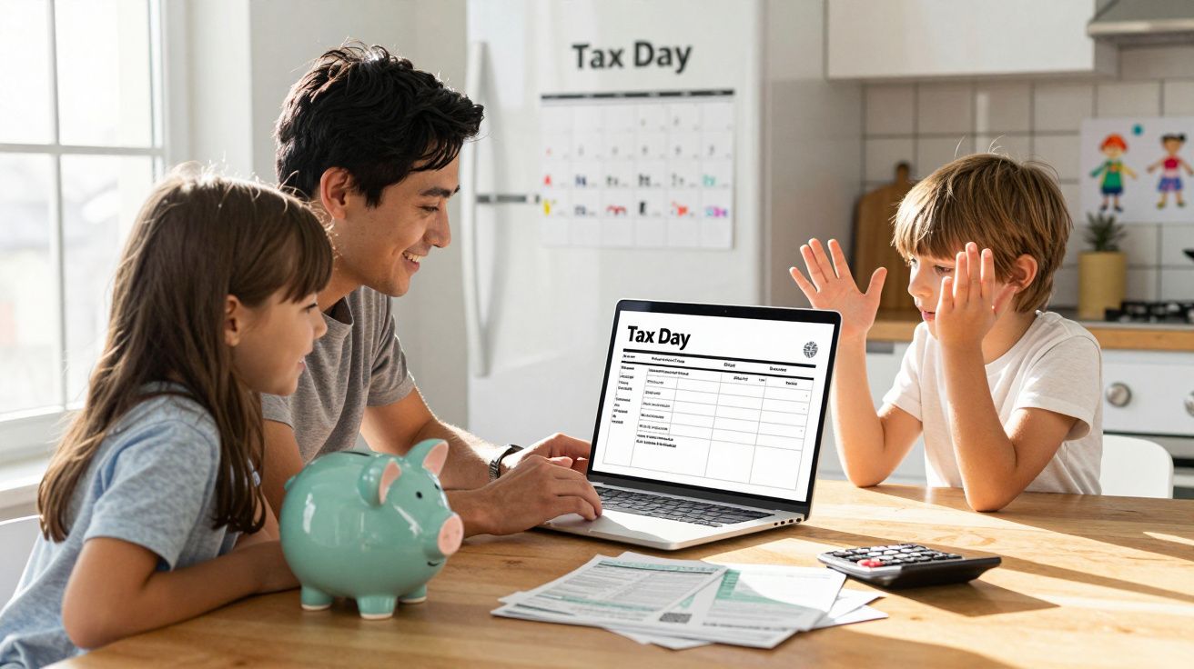 Homem e duas crianças sentados à mesa em casa a discutir documentos fiscais com mealheiro e calculadora.