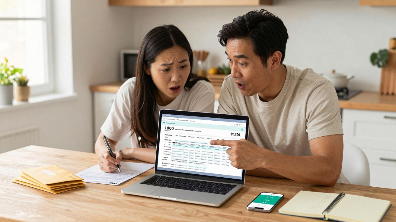 Casal preocupado analisa faturas e contas num portátil numa cozinha moderna.