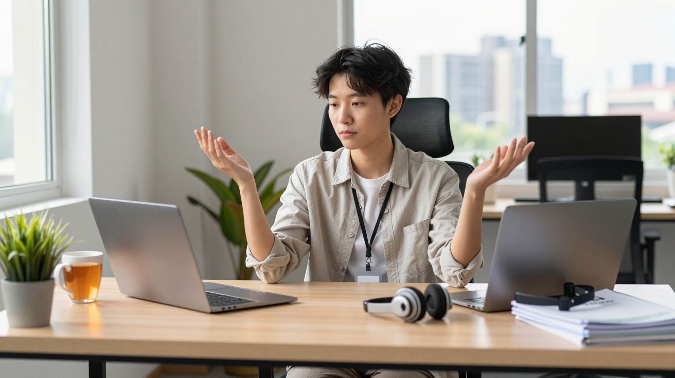 Pessoa sentada à secretária com dois computadores portáteis, expressão confusa e as mãos levantadas.