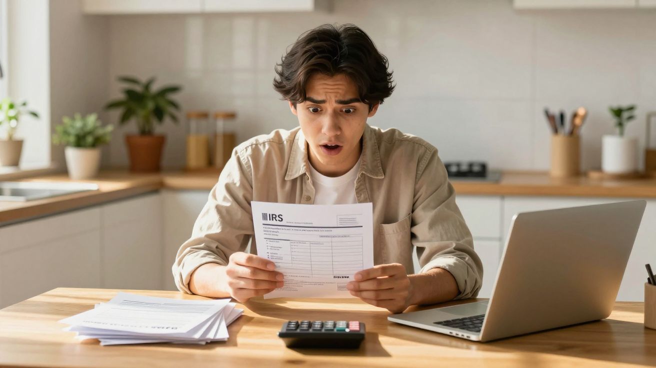 Jovem surpreendido a ler documento de impostos na cozinha com calculadora e computador portátil à sua frente.