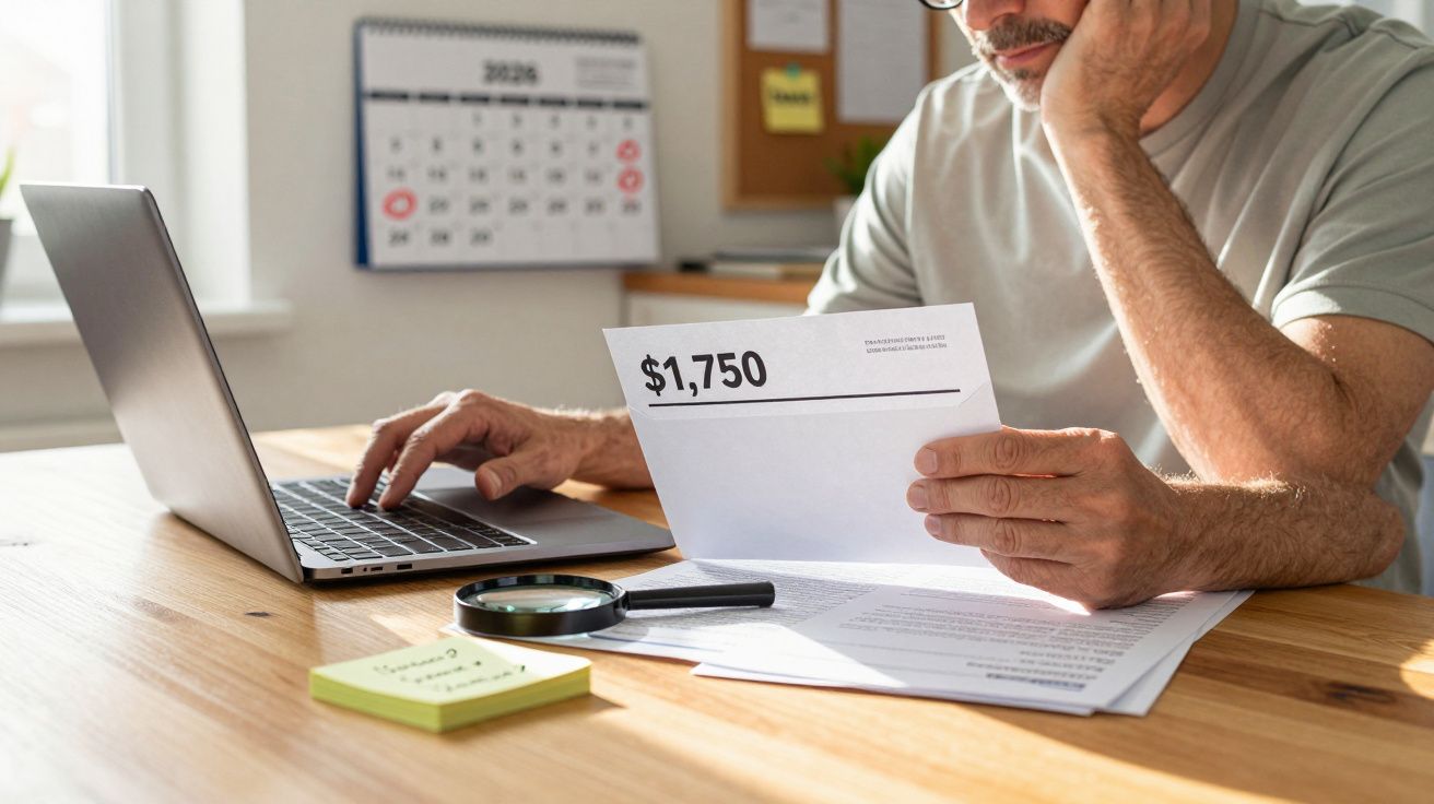 Homem sentado a ler documento de fatura na mesa com computador portátil e lupa em ambiente de escritório.