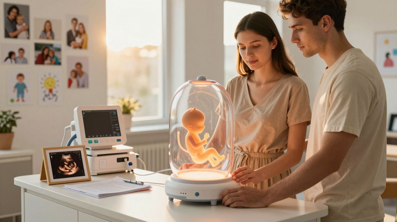 Casal observa modelo de feto em incubadora futurista num consultório médico.