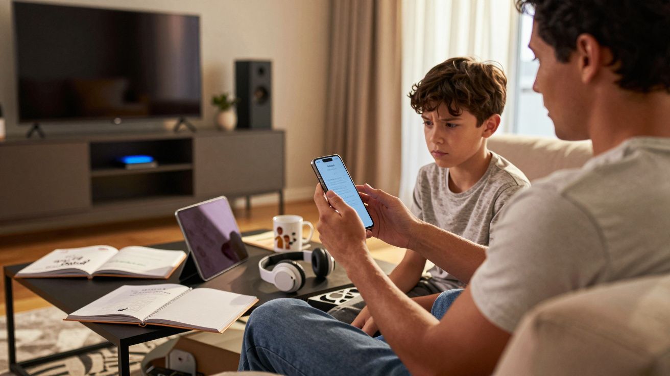Homem e menino sentados no sofá com livros, tablet, auriculares e telemóvel numa sala de estar.