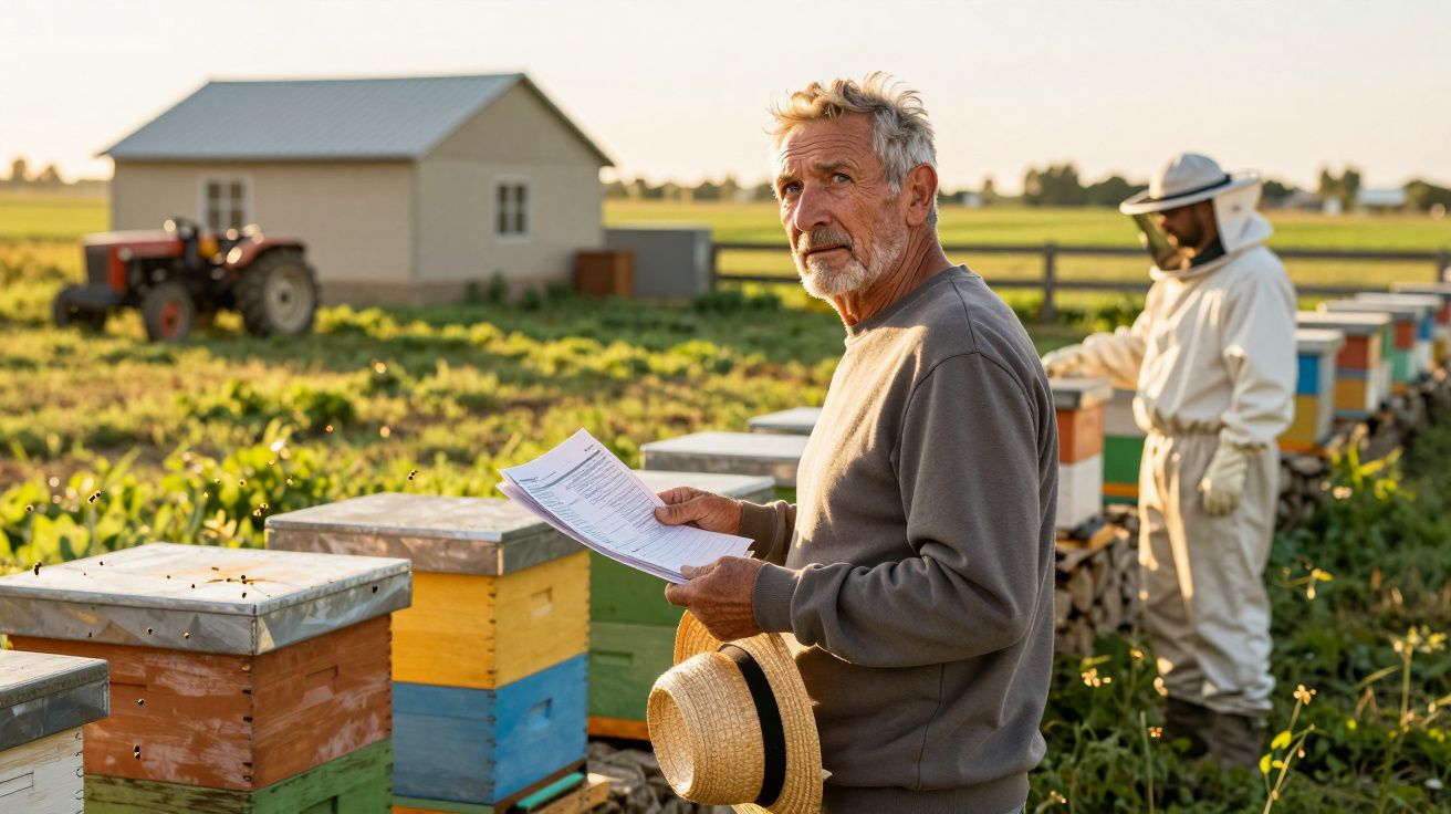 Homem idoso com chapéu e documentos junto a colmeias em campo, com apicultor e trator ao fundo.