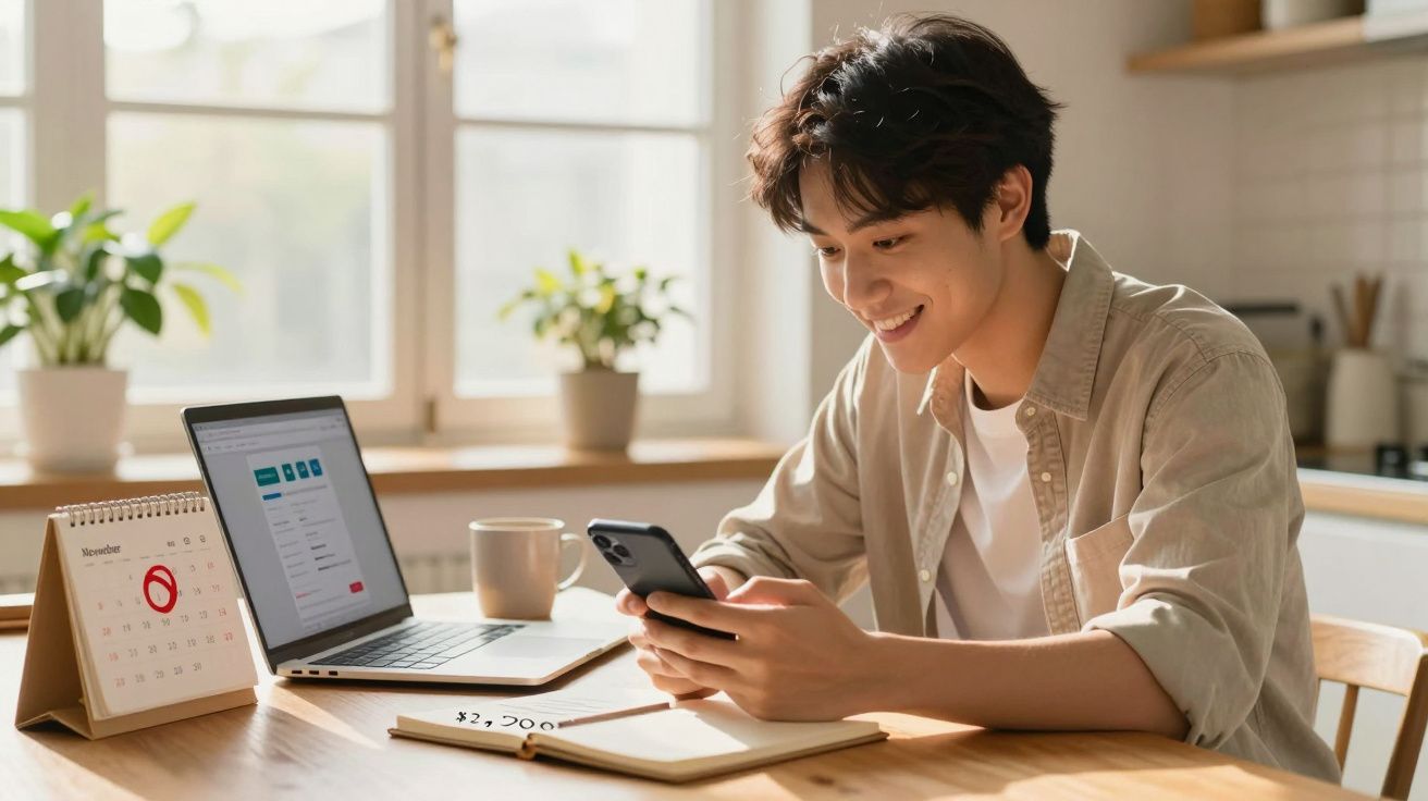 Jovem sorridente sentado à mesa, usando telemóvel, com computador portátil e calendário numa cozinha iluminada.