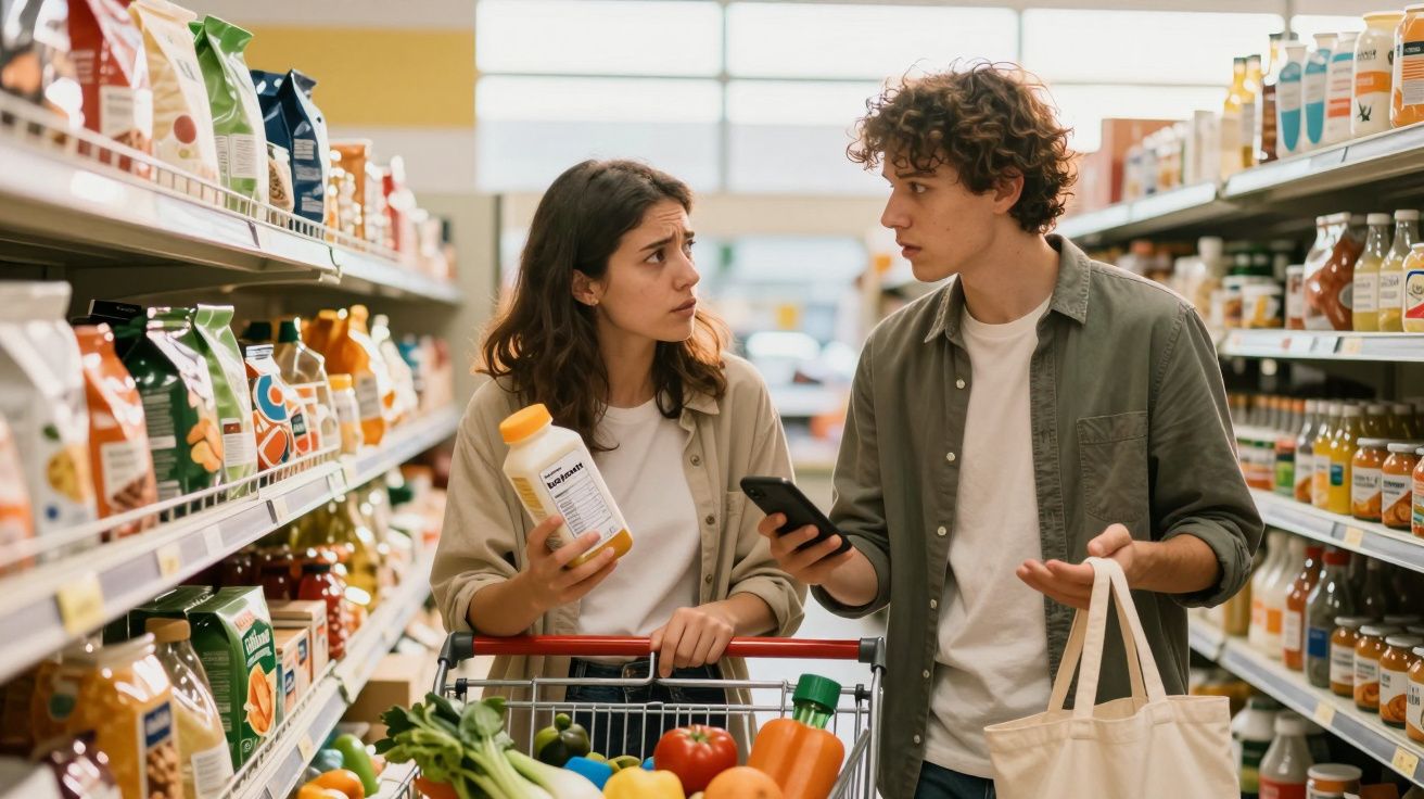 Casal no supermercado discute sobre produto enquanto faz compras no corredor dos sumos e molhos.