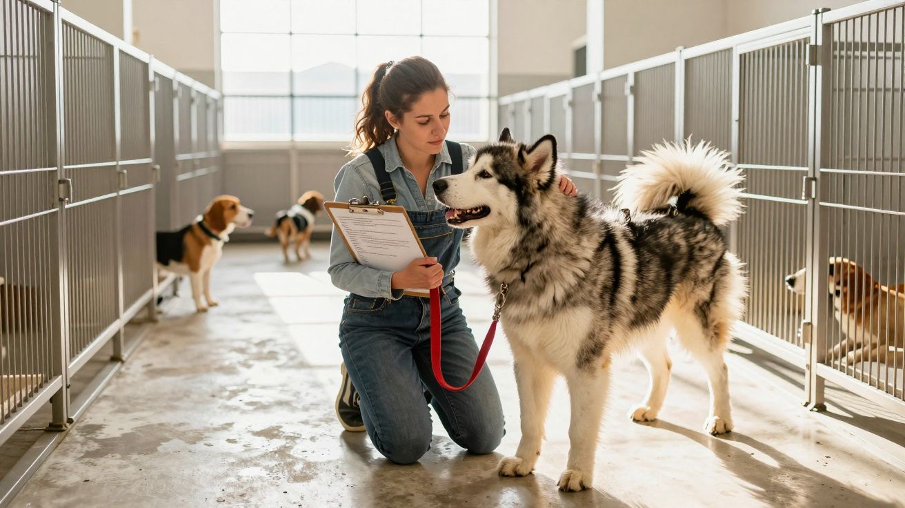 Mulher de joelhos avalia cão husky com trela num canil com outros cães em compartimentos.