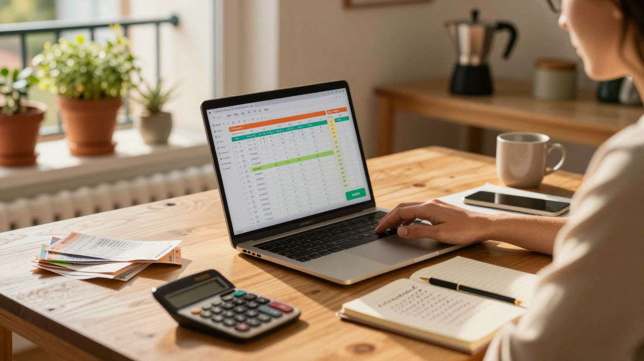 Pessoa a trabalhar em computador portátil com folha de cálculo, numa mesa com calculadora e caderno, em casa.