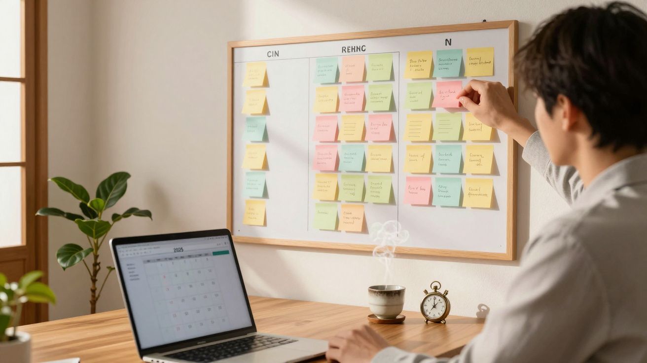 Pessoa a organizar notas autocolantes coloridas num quadro branco, com computador portátil aberto numa mesa.
