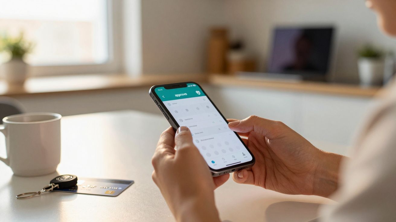 Pessoa a usar um smartphone com uma aplicação aberta, numa cozinha clara, com chave e cartão sobre a mesa.
