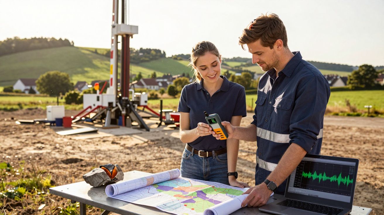 Dois técnicos analisam dados geológicos ao ar livre com mapa, computador portátil e equipamento de sondagem.