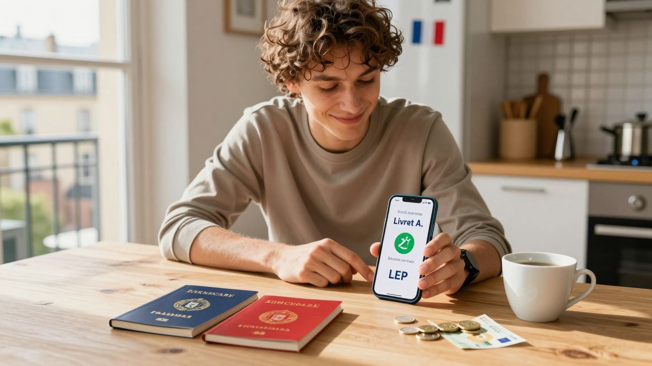 Jovem mostra aplicativo de certificado digital "Livret A" enquanto está à mesa com passaportes, dinheiro e uma chávena.