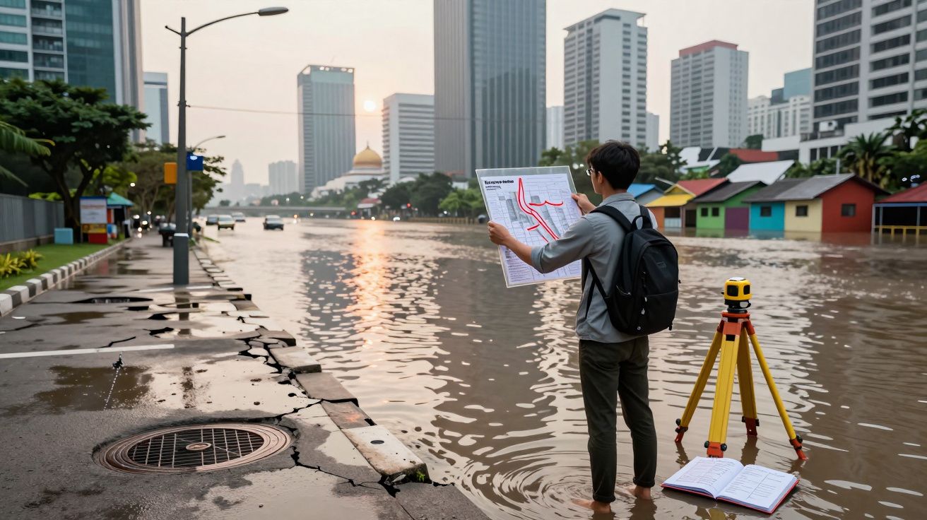Engenheiro de pé em rua inundada, consulta planta, com equipamento de medição e prédios ao fundo.