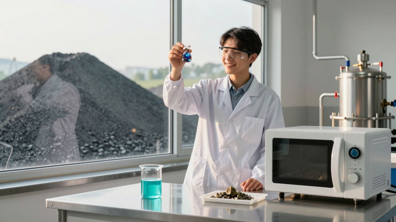 Jovem cientista com bata e óculos de proteção observa líquido azul numa sala de laboratório industrial.