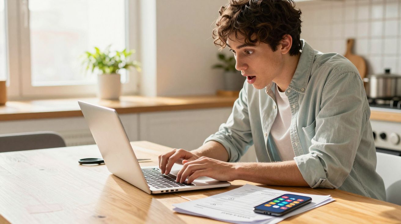 Jovem surpreendido a olhar para o ecrã do portátil numa cozinha moderna, sentado à mesa com telemóvel e documentos.