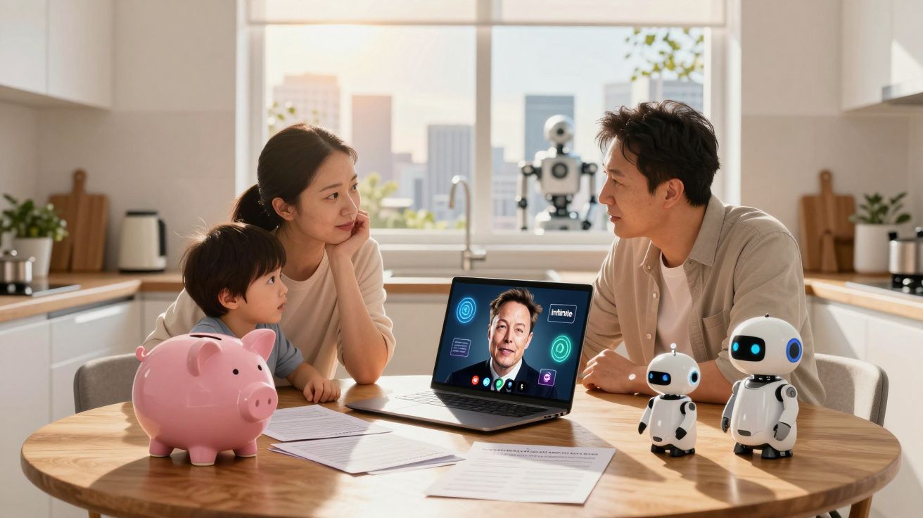 Família asiática reunida à mesa com computador, robôs e mealheiro cor-de-rosa numa cozinha moderna.