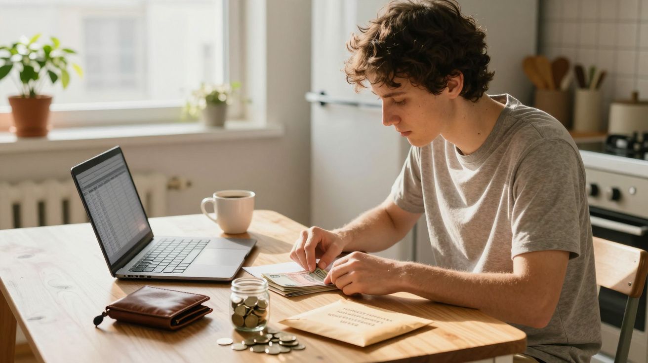 Jovem a contar dinheiro numa mesa com computador portátil, carteira, moedas e envelope em ambiente de cozinha.
