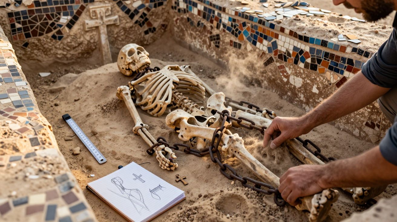 Esqueleto humano em cadeia escavado na areia com caderno de desenhos e mãos de arqueólogo a examinar.