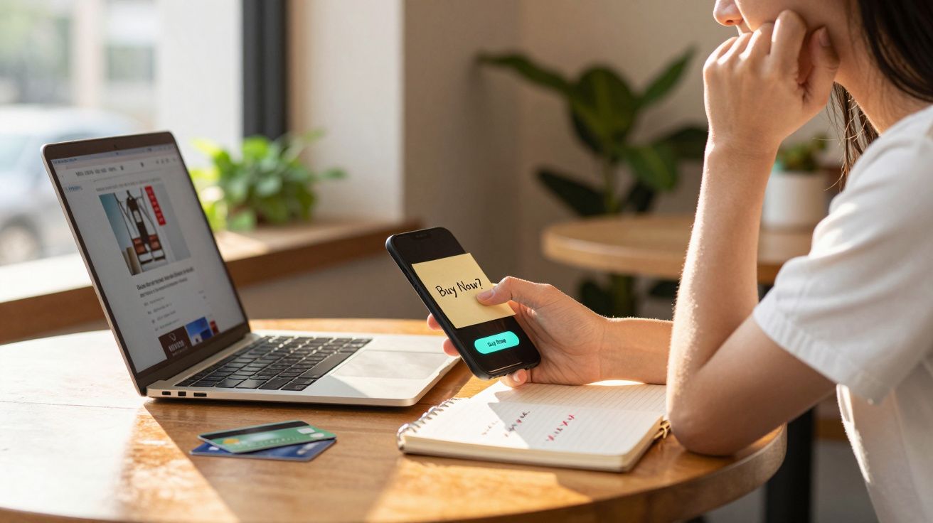Pessoa a segurar um telemóvel com a mensagem "Buy Now?" enquanto vê um computador portátil para compras online.