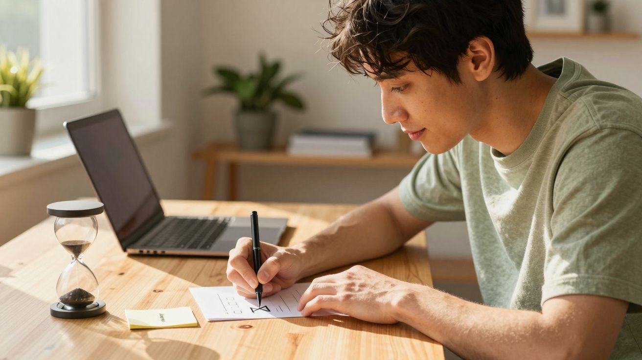 Jovem sentado numa mesa de madeira escreve num papel, com um computador portátil e ampulheta ao lado.
