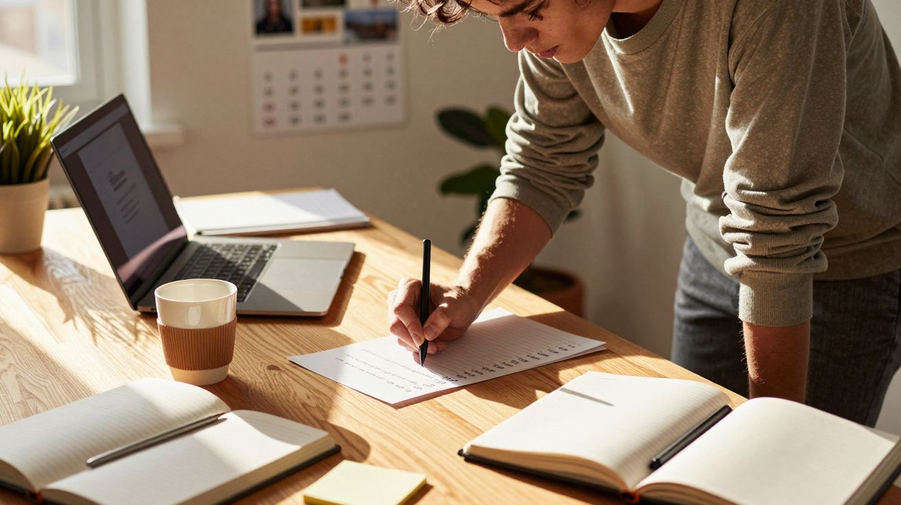 Pessoa a escrever num papel na mesa com portátil, cadernos e caneca num ambiente de estudo ou trabalho.