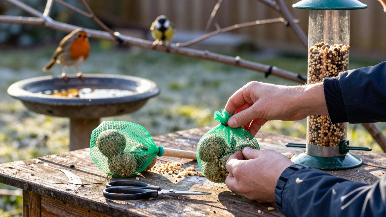 Mãos de uma pessoa a preparar bolas de gordura para pássaros num jardim, com aves ao fundo e comedouro.